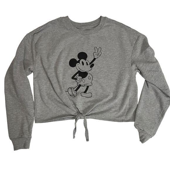 Disney Mickey Mouse Tie-Front Girls Crop Pullover Sweatshirt Gray, Size Small - Picture 1 of 6